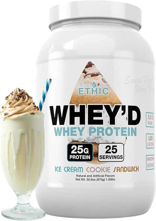 Whey'd Protein Powder, 25 G Whey Protein Blend with Concentrate, Isolate & Hydrolysate, Low Lactose & Digestive Enzymes for Easy Mixing, Ice Cream Cookie Sandwich Flavor, 25 Servings