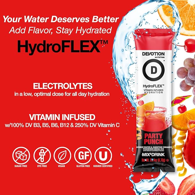 Devotion Nutrition HydroFLEX Water Flavoring Packets ??Sugar-Free Hydration with Vitamins & Electrolytes ??Dye-Free, Gluten-Free (Party Punch) 12-Pack Drink Mix