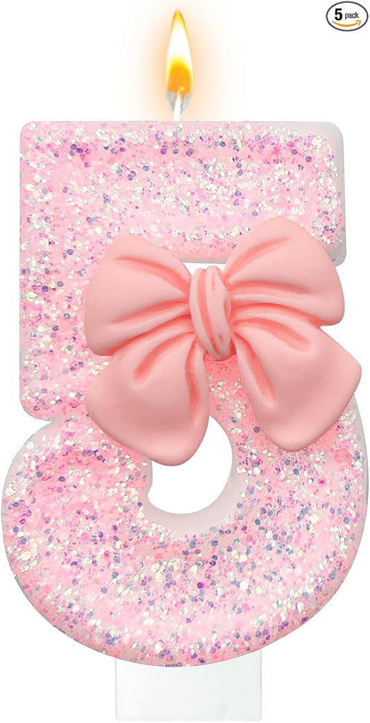 Birthday Cake Candles, Pink Glitter with Bow Cake Candles, Birthday Party Cake Toppers, Cute Birthday Candle Decorations (5)