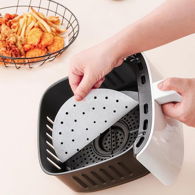 Air Fryer Liners Disposable Parchment Paper, Numola 100 Pcs Airfryer Sheets, 7 Inch White Non-stick Steamer Liner for Oven, Microwave, Bamboos Steaming Basket