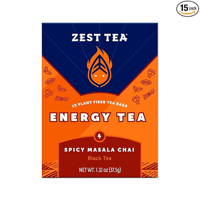 Zest Tea Premium Energy Hot Tea, High Caffeine Blend Natural & Healthy Black Coffee Substitute, Perfect for Keto, 135 mg Caffeine per Serving, Spicy Masala Chai Black Tea, Box of 15 Sachet Bags