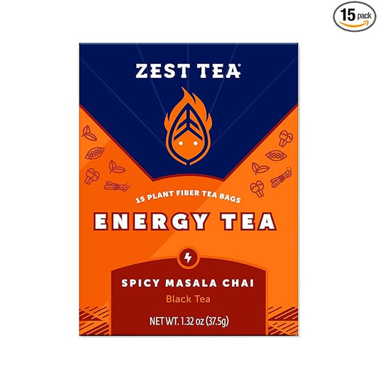 Zest Tea Premium Energy Hot Tea, High Caffeine Blend Natural & Healthy Black Coffee Substitute, Perfect for Keto, 135 mg Caffeine per Serving, Spicy Masala Chai Black Tea, Box of 15 Sachet Bags
