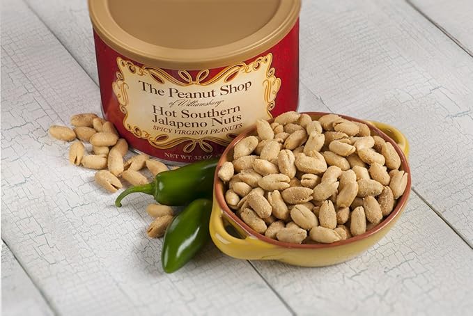 The Peanut Shop of Williamsburg Spicy Williamsburg Peanuts with Jalapeno, Onion, Garlic, Hot Nuts, Hand Cooked Virginia Peanuts, Gluten Free, Kosher - 10.5 Oz Tin