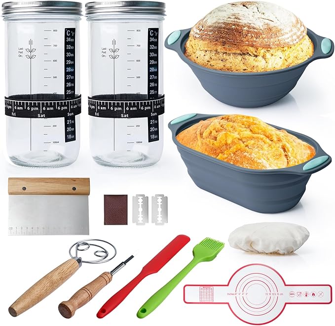 Complete Sourdough Starter Kit - Sourdough Bread Baking Supplies, 2 x 34oz Glass Jars, Silicone Proofing Baskets (Oval 11.6" & Round 10.8"), Ideal Gift for Home Bakers, Women, Moms & Baking