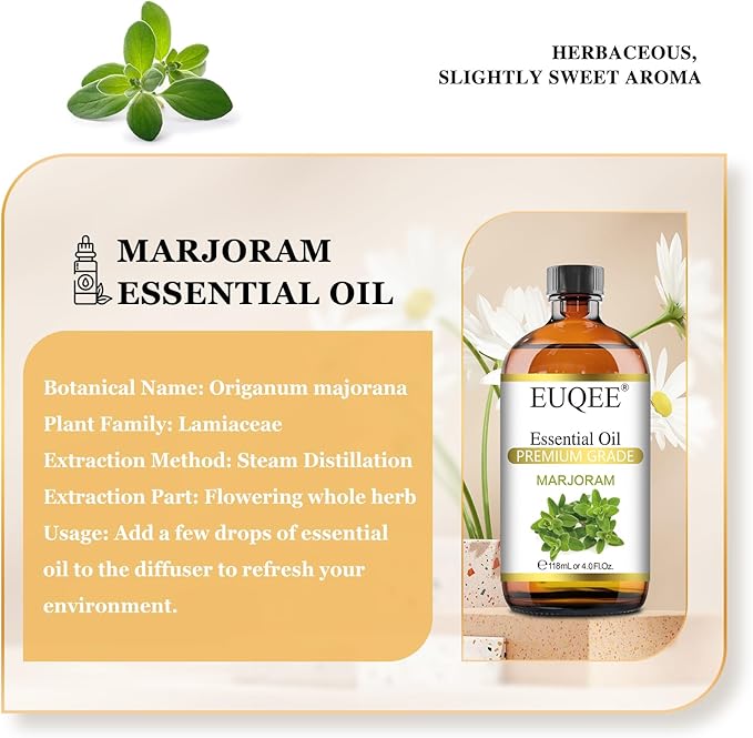 Marjoram Essential Oil 118 ml Large Bottle Premium Marjoram Oil with Glass Dropper Great for Diffusers, Soap Candle Making - 4 oz