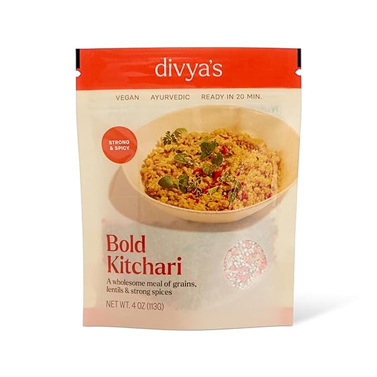 Divya's Bold Kitchari, Strong and Spicy, One-Pot Ayurvedic Meal with Grains, Lentils, and Spices, Healthy & Nourishing Plant-Based Meal, Vegan, Non-GMO, Gluten Free, Organic, Family Size - 4 Meals