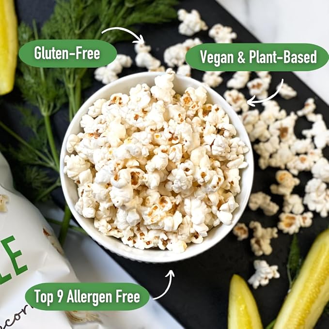 Safe + Fair Plant Based Gourmet Dill Pickle Seasoned Popcorn - Dill Pickle Seasoned Popcorn Non-GMO + Gluten Free + Vegan + Kosher Snacks (3 oz bag - 6 pack case)