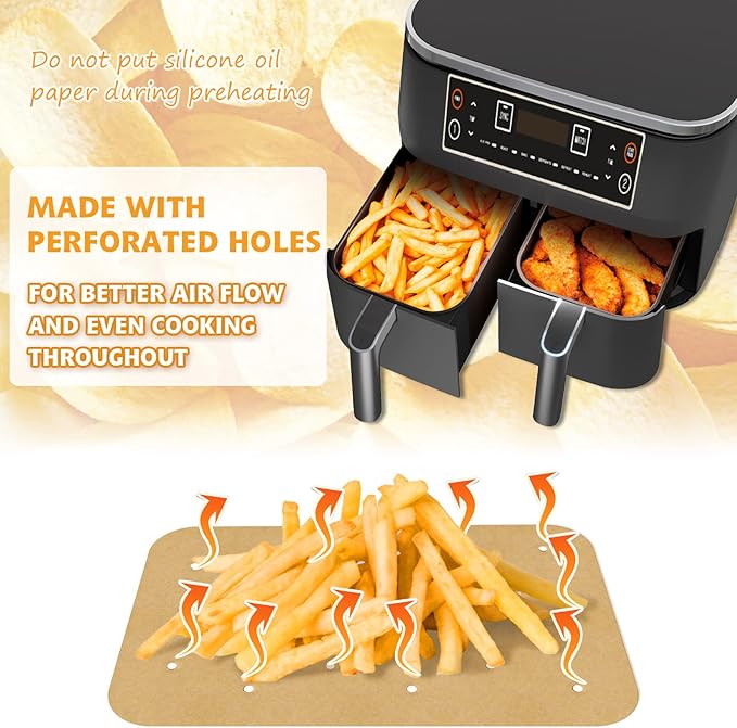 Air Fryer Parchment Paper Liners 200 Sheets - Disposable Liners Compatible With Ninja Foodi, Rectangle Perforated Baking Paper for 8 Quart 6-in-1 Dual Basket Accessories
