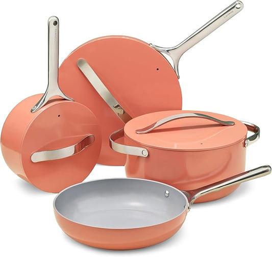 Caraway Nonstick Ceramic Cookware Set (12 Piece) Pots, Pans, Lids and Kitchen Storage - Non Toxic - Oven Safe & Compatible with All Stovetops - Perracotta
