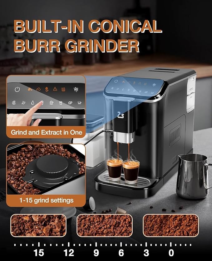 Fully Automatic Espresso Machine with Self-Cleaning Function, Brewing System and Automatic Milk Frothing System, 6 One-Touch Programs, 1.5L Detachable Water Tank for Home/Office Use, Black
