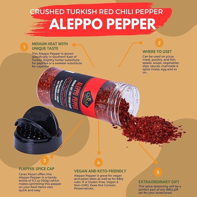 Cerez Pazari Aleppo Pepper Moderate Heat 150 gr | Crushed Turkish Red Chili Pepper-Aleppo Chili Flakes,Maras Chili Pepper | Halaby Pepper | Syrian Pepper | Middle Eastern Red Pepper