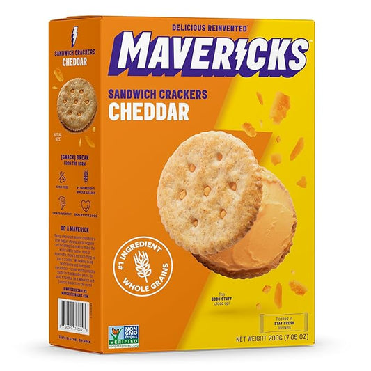 Mavericks Sandwich Crackers Cheddar - Cheese Filled Whole Grain Sandwich Cracker Snack Packs, Non-GMO - Back to School - 7 oz Box (1 Pack)