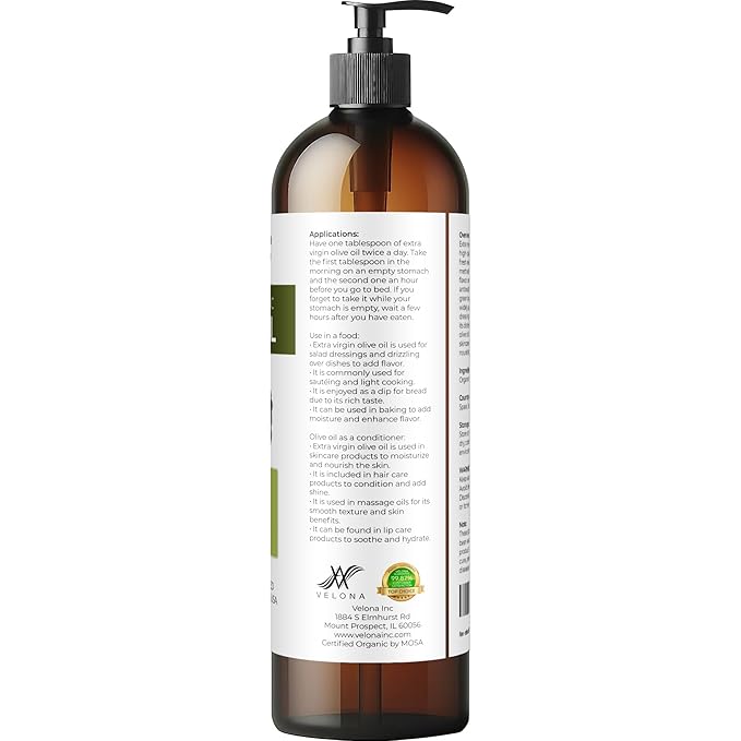 velona USDA Certified Organic Olive Oil - 8 Fl Oz | 100% Pure and Natural Carrier Oil | Extra Virgin, Unrefined, Cold Pressed | Cooking, Dressing, Face, Hair, Body & Skin Care | Use Today - Enjoy Results