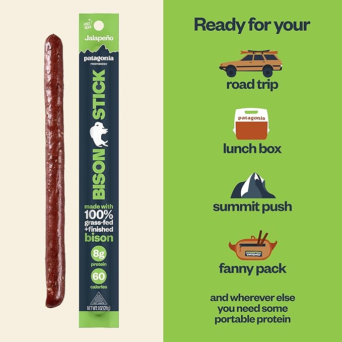 Patagonia Provisions Bison Sticks - Jalapeno | 100% Grass-Fed, 8g of Protein, 60 Calories | No Artificial Ingredients, Added Flavors, Fillers, or Nitrates | Pack of 12, 1 oz Each