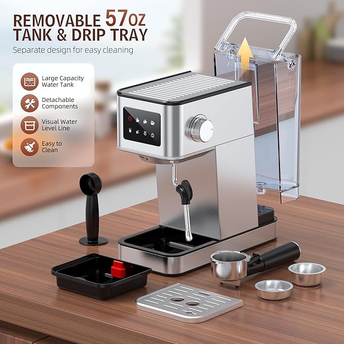 Espresso Machine with Milk Frother, 20 Bar Compact Coffee Machine with Touch Screen & 57.5oz Removable Water Tank for Home, Stainless Steel Espresso Maker for Cappuccino, Latte, Silver(updated)