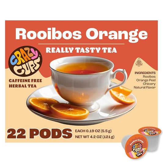 Crazy Cups Rooibos Orange Herbal Tea Pods, 22 Count | Naturally Caffeine Free, Kosher Certified, Zesty Orange & Rooibos Blend, K Cup Compatible, Gluten Free, Vegan, Relaxing Herbal Tea