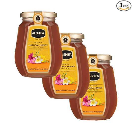ALSHIFA Natural Honey 17.63oz (500g) | Pack of 3 | Raw & Pure Honey Unpasteurized | 100% Pure Wildflower Honey | No Added Sugar | Glass Bottle