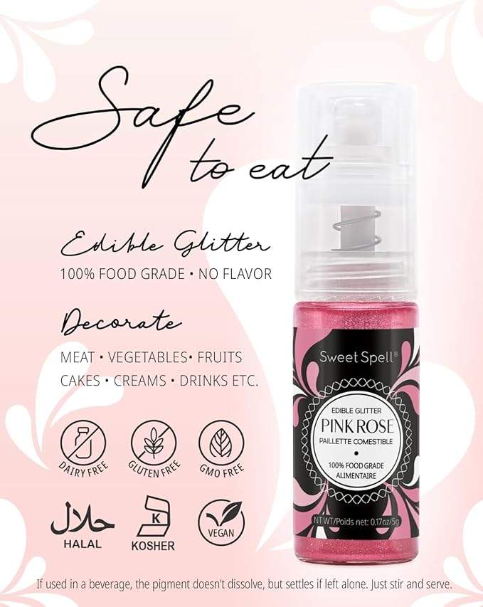 Sweet Spell Edible Cake Glitter Spray ??Shimmering Magic for Cakes Decorating & Cocktails ??100% Edible, Food-Grade, Vegan, Gluten-Free (Pink)