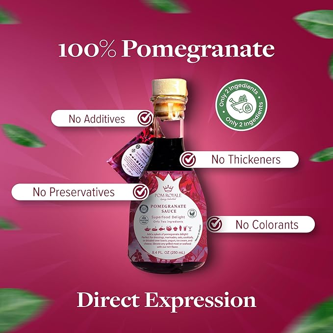 Pomegranate Molasses, 12 OZ(350gram) Glass Bottle (Pack of 6), 100% Natural Pomegranate Concentrate from Heritage Pomegranates, No additives, Non-GMO, Vegan, Gluten Free, Kosher Certified, Preservative Free, Superfood, Gourmet Food Pomegranate Syrup