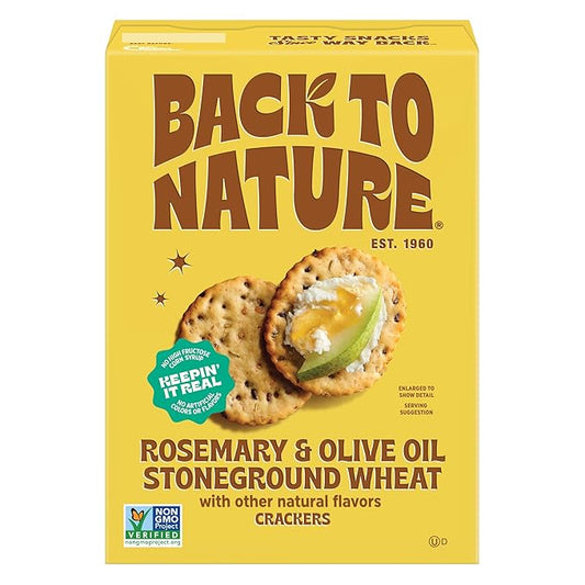 Back to Nature Rosemary & Olive Oil Stoneground Wheat Crackers, Non-GMO, Vegan Friendly Snack Cracker, Made with Whole Grains & Flax Seed, 5oz Box
