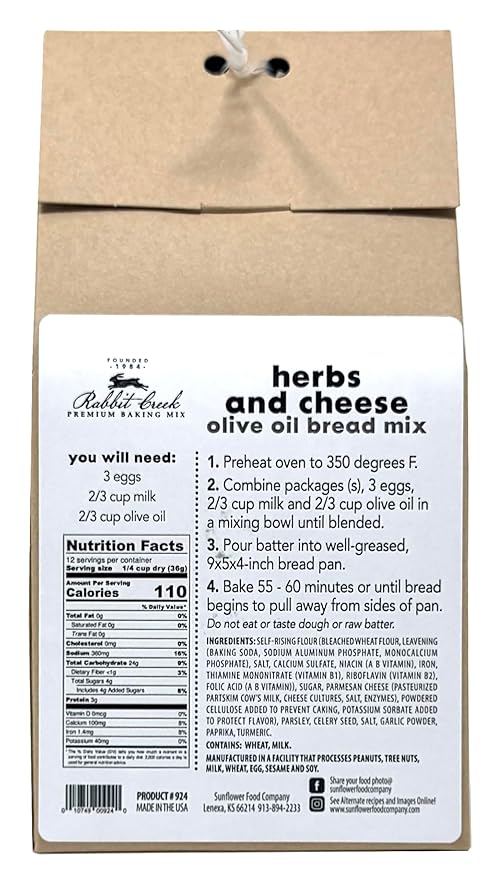 Rabbit Creek Olive Oil Bread Mix Herbs and Cheese ??Bread Baking Mix, Easy To Make, Ready in 1 Hour