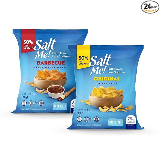 SaltMe! Variety Potato Chips - 24 count 1oz Bags - 50% Less Sodium, Kosher, Non-GMO, Gluten Free - Less Salt, Great Flavor