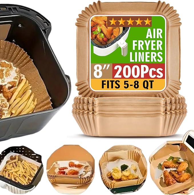 200 Pcs Air Fryer Liners Disposable, 8 Inch (20cm) Square, Thickened Non-Stick Parchment Paper - Disposable Baking Paper for Frying - Microwave, Oven ??Kitchen Must-Have Air Fryer Basket
