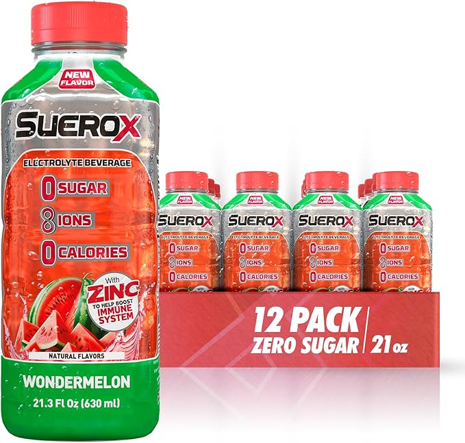 SueroX Sugar-Free Sports Drink for Hydration and Recovery, Electrolyte Hydration Drink with 8 Ions, Zero Calorie Sports Drinks, Wondermelon (Watermelon) flavor, 21.3 Fl Oz, 12 Count