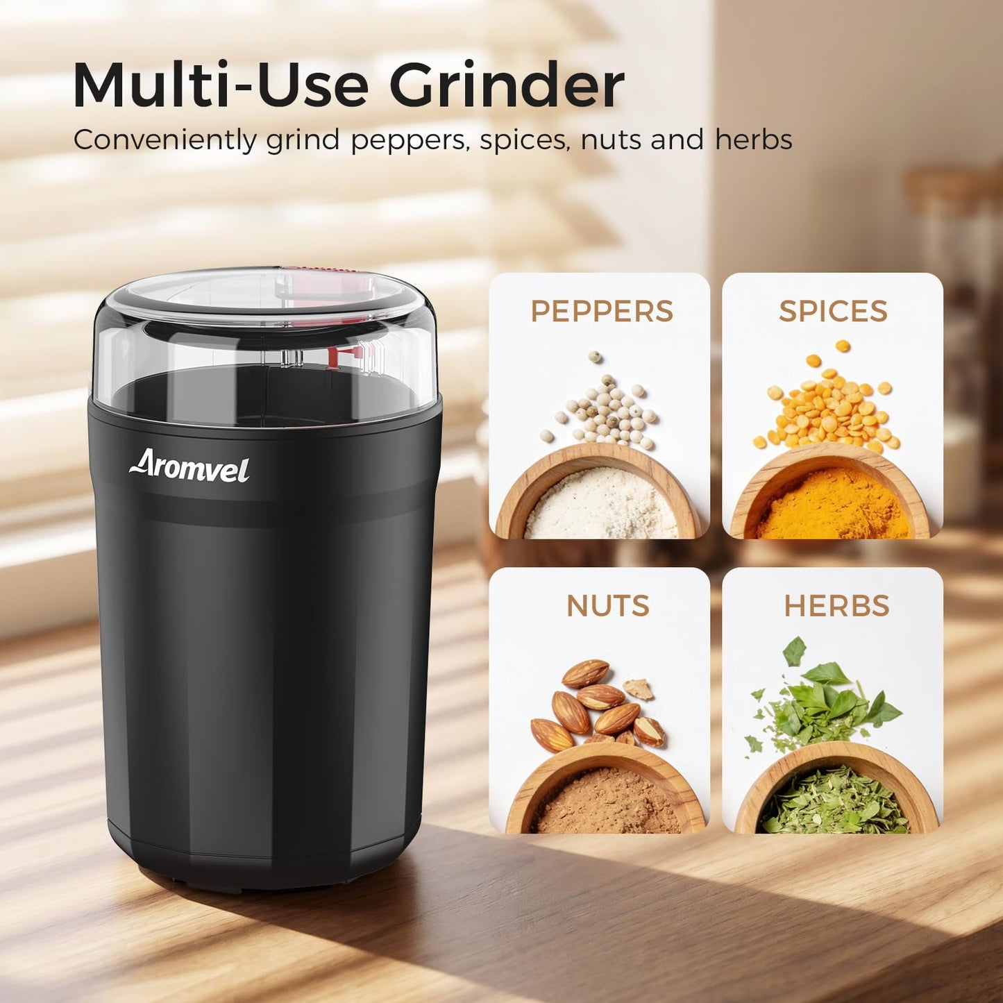 Aromvel Electric Coffee Grinder, 2-in-1 Cleaning Brush & Scoop, Safety Lid