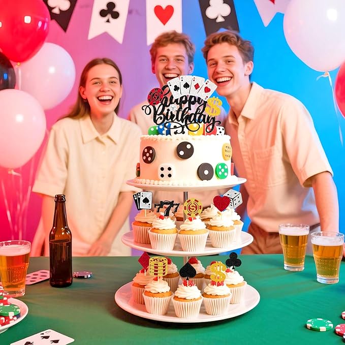 24 PCS Casino Cupcake Toppers Glitter Casino Themed Party Decorations with Chips Dice Las Vegas Night Theme Birthday Party Decorations Supplies