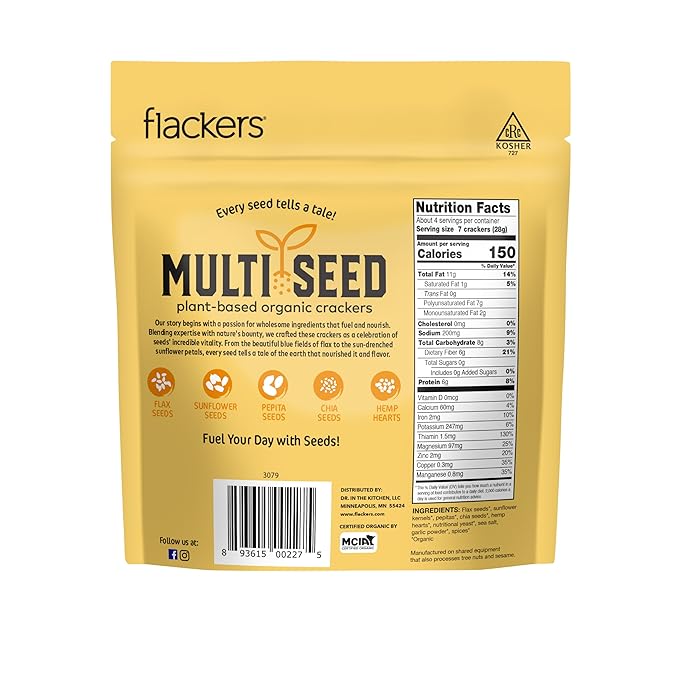 Flackers Organic Cheeze-Pleaze Multi-Seed Crackers, 4 Ounce 1-Pack, Gluten Free, Non GMO, Vegan, Keto Snack, 8g Fiber, 3g Net Carbs