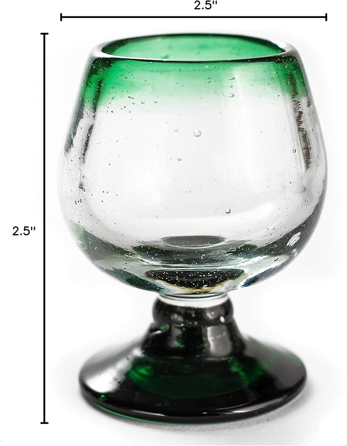 Authentic Mexican Tequila Hand Blown Shot Glasses - Set of 4-2 oz - Mini Glass Snifters - Heavy Base - Cognac (Green Rim)