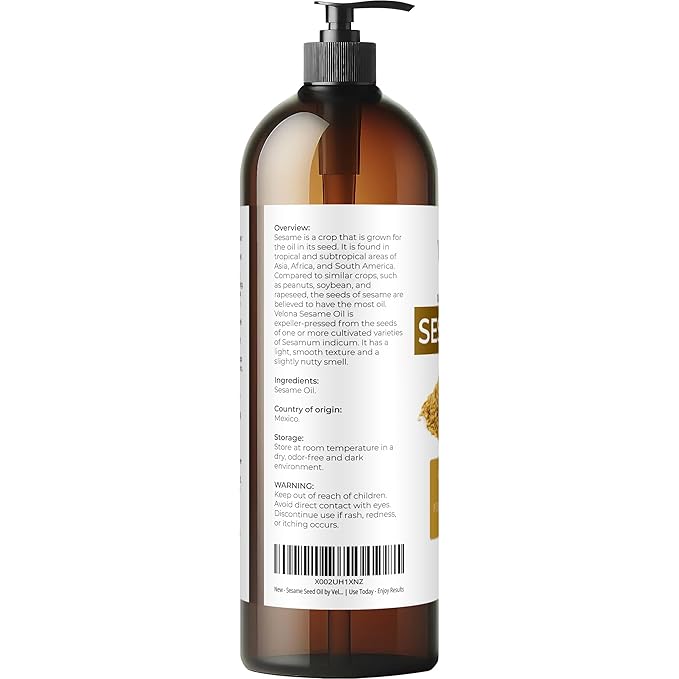 Sesame Seed Oil by Velona - 32 fl oz | 100% Pure and Natural Carrier Oil | Refined, Expeller Pressed | Cooking, Skin, Hair, Body & Face Moisturizing | Use Today - Enjoy Results
