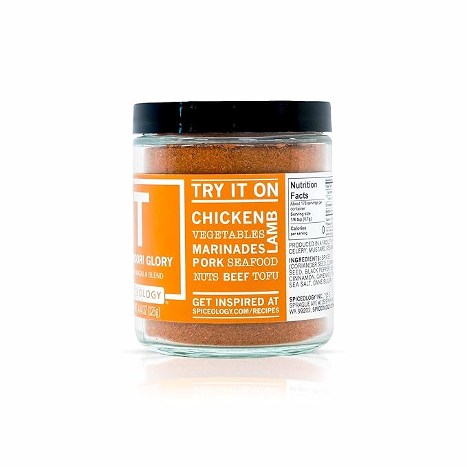 Spiceology - Tandoori Glory - Indian Masala Blend - Curry Spices and Seasonings - Use On: Chicken, Vegetables, Lamb, Marinades, Pork, Seafood, Nuts, Beef, Tofu - 4.4 oz