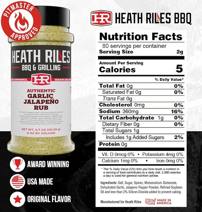 Heath Riles BBQ Rub - Garlic Jalapeño Seasoning, Champion Pitmaster Recipe, Legendary Rubs For Smoking & Grilling, 70+ BBQ Championships, 8 oz.