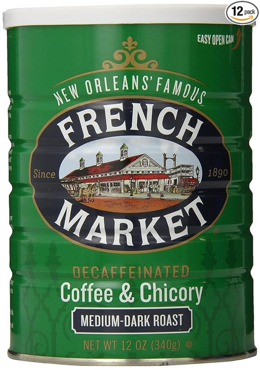 French Market Coffee & Chicory Decaffeinated Medium-Dark Roast Ground Coffee, 12oz Can (Pack of 12)