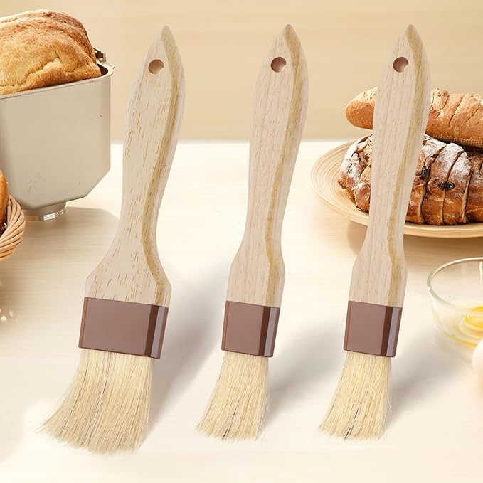 3 Pcs Pastry Brush, Natural Bristle Basting Brush, Cooking Brush, Food Brush, Butter Brush, Baster Brush, BBQ Brushes for Sauce, Kitchen Baking Brushes for Oil, Grilling, Marinade