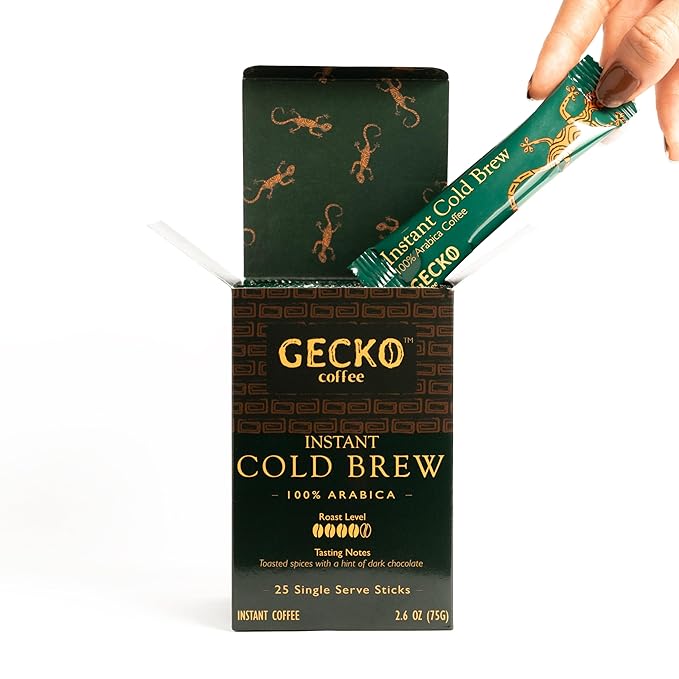 Gecko Coffee Instant Cold Brew, Craft Instant Coffee Sticks, 100% Arabica Medium-Dark Roast, Coffee Singles Packets, Smooth & Rich, Hot or Iced, Sugar-Free, Eco-Friendly, 25 Count