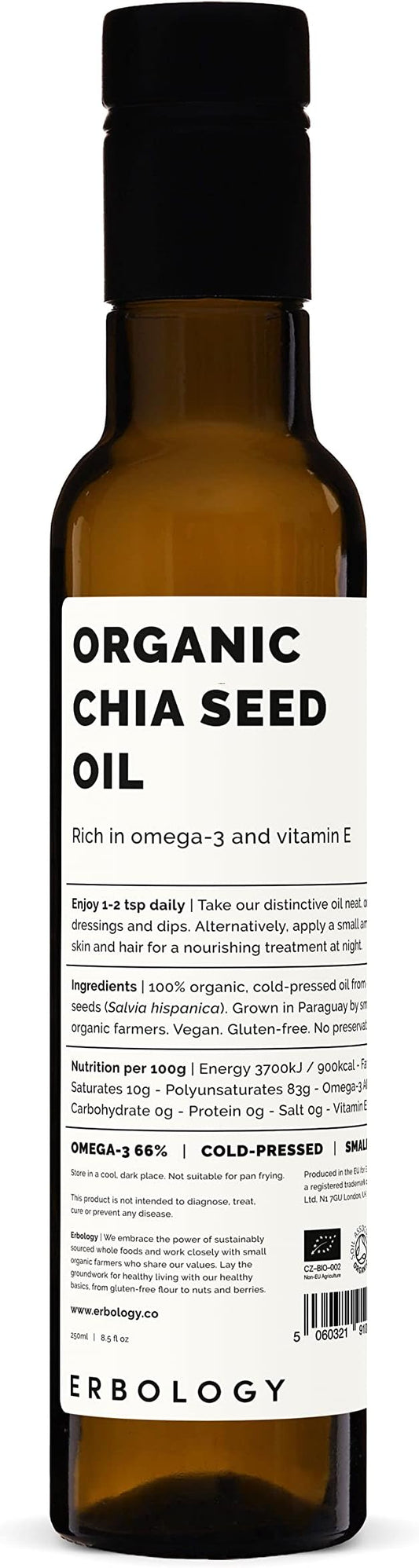 Erbology Organic Chia Seed Oil 8.5 fl oz - Cold-Pressed - Rich in Omega-3 (66%) and Vitamin E (330% RI) - No Additives or Preservatives - Sustainably Sourced - Vegan - GMO-Free
