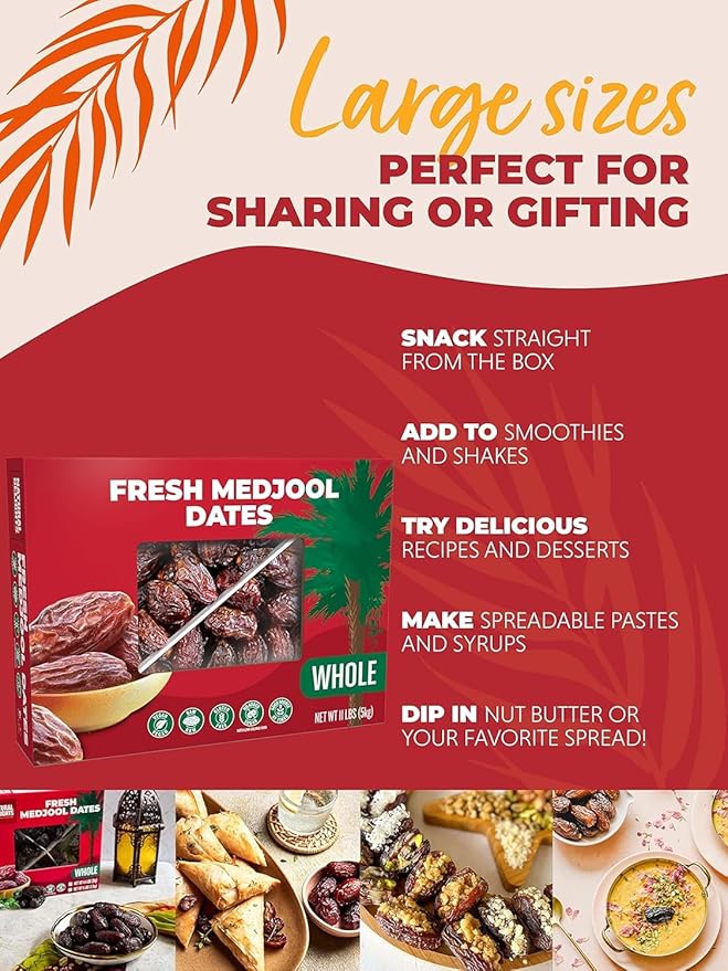 Natural Delights Medjool Dates Whole - Non-GMO Verified Fruit, Good Source of Fiber & Potassium, Naturally Sweet, Snack for On-the-Go, Large & Plump Dates - Bulk 11 lb Box (Pack of 2)