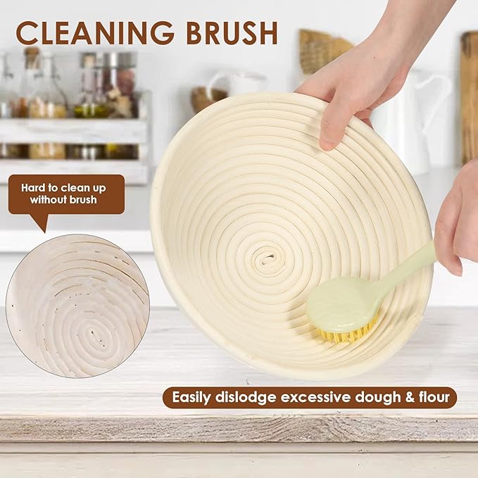 Natural Rattan Sourdough Banneton Basket Set of 2, 9 inch Round Bread Proofing Baskets with Whisk,Lame,Dough Scraper,Linen Liner and Brush, Perfect for Home or Professional Baking