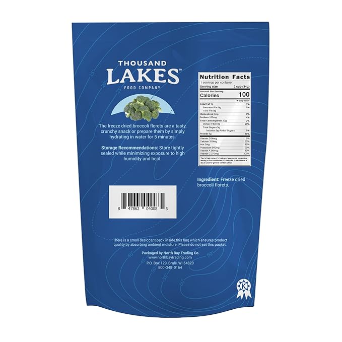 Thousand Lakes Freeze Dried Vegetables - Broccoli Florets 4-pack 1.2 ounces (4.8 ounces total) | 100% Florets - No Stems | No Salt Added