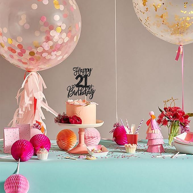 1 PCS Happy 21st Birthday Cake Topper Glitter Cheers to 21 Years Birthday Cake Pick Twenty One 21 Fabulous Cake Decoration for Happy 21st Birthday Anniversary Party Decorations Supplies Black