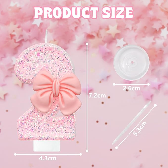 Pink Glitter Bow Cake Candles, 2 Pack, Smokeless, Eco-friendly, Decorative, Unscented, Indoor Use, Modern Style, Number Theme, Perfect for Birthdays