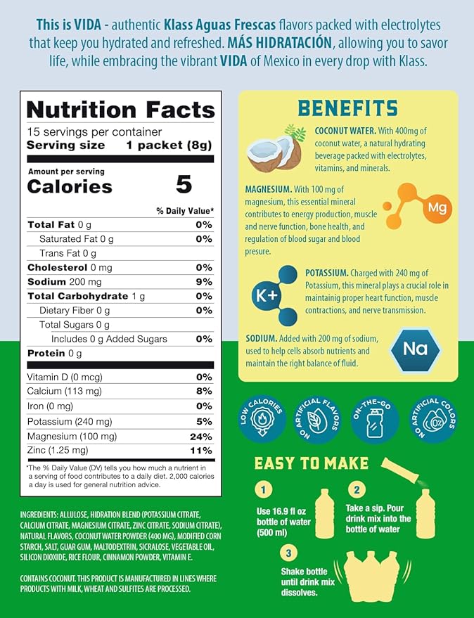 Electrolyte Drink Mix ??Cucumber Limeade Agua Fresca Flavor | Sugar-Free Hydration Powder with Coconut Water & Minerals | 15 Single-Serve Stick Packs, Low Calorie, Natural Flavor