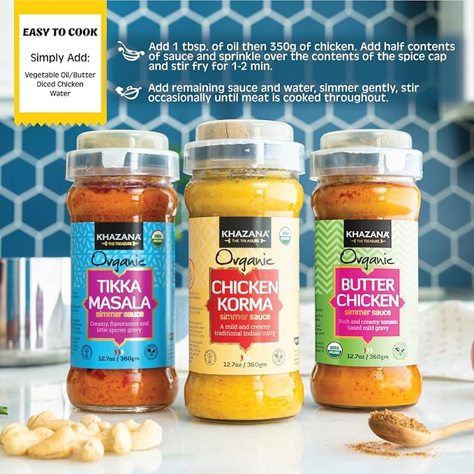 Khazana ORGANIC Chicken Korma Indian Simmer Sauce - 12.7oz Jars | Non-GMO, Vegan, Gluten Free, Kosher | Authentic Indian Meals Made Easy at Home!