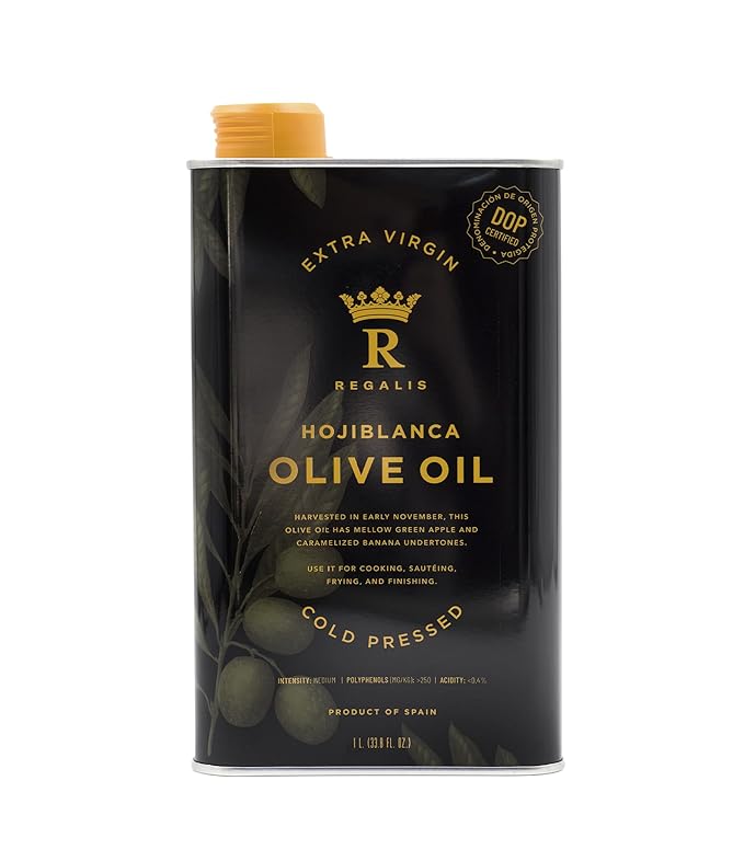 Regalis Cold Pressed Hojiblanca Extra Virgin Olive Oil, 1L, D.O.P Certified, Non-GMO, Finishing Oil (1 Liter)