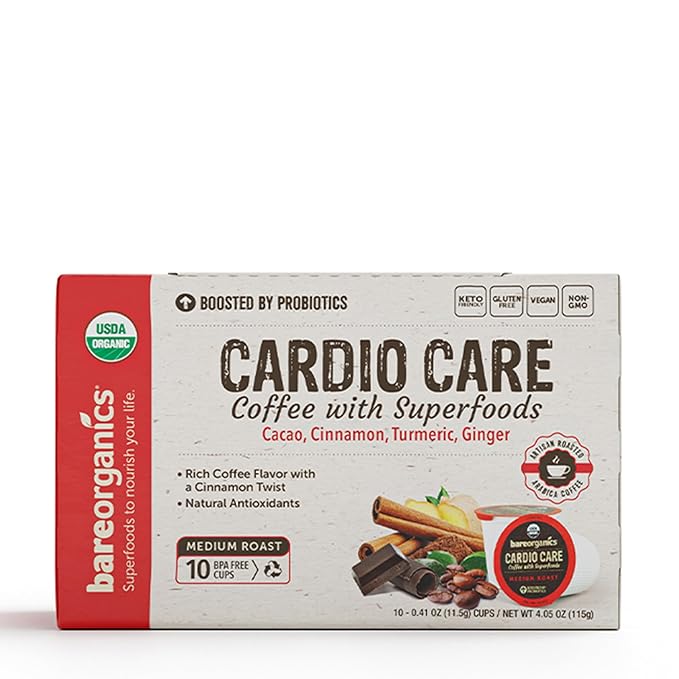BareOrganics 13313 Cardio Care USDA Organic Coffee Pods, Compatible Organic Coffee Pods, Infused with Superfoods & Probiotics, Vegan Friendly, Gluten Free, 10 Single Serve Cups