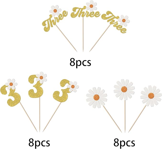 24 Pack 3rd Birthday Daisy Cupcake Toppers Glitter Three Daisy Cupcake Picks Spring Daisy Chrysanthemum Third Birthday Cupcake Decorations Kids birthday Party Supllies Gold