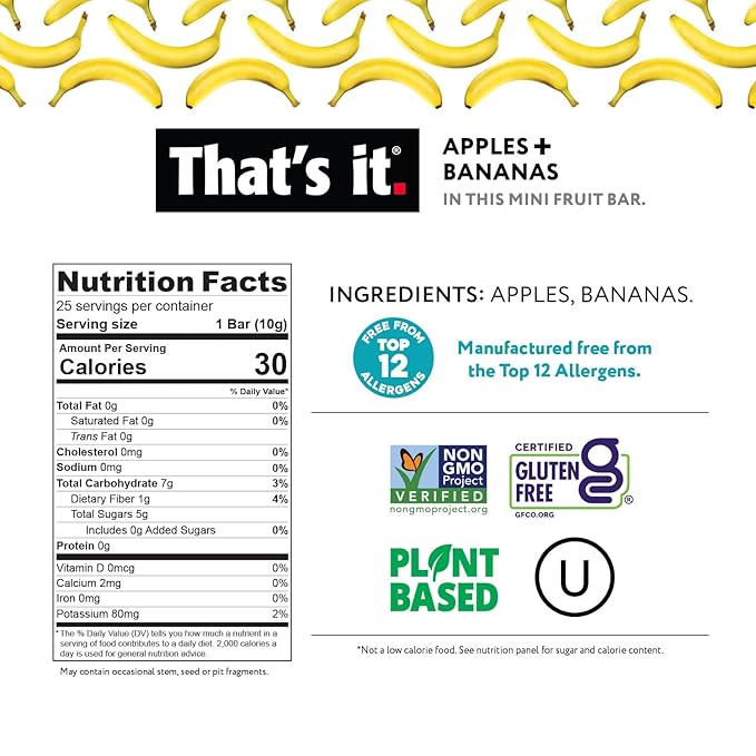 That???It. Fun Size Fruit Bars Variety Pack(50 Pieces, 10g Each) With Apples + Bananas, Apples + Cranberries, Non-GMO, Paleo and Kosher Friendly, Gluten Free Breakfast Snacks